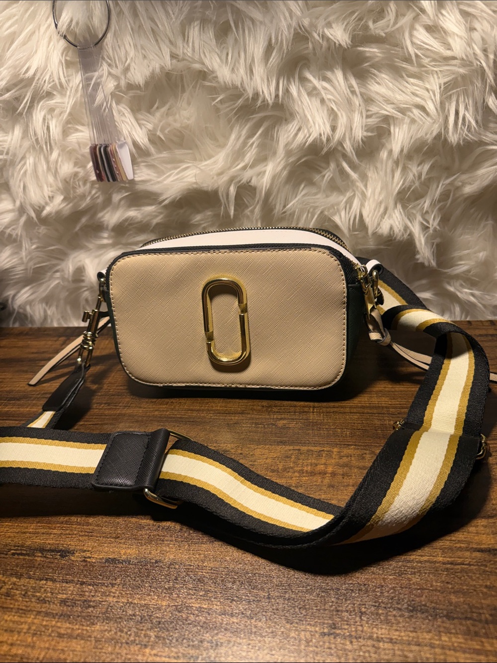 Marc Jacobs-Inspired Cream and Black Crossbody Camera Bag with Gold Hardware
